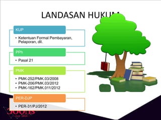 LANDASAN HUKUM
• Ketentuan Formal Pembayaran,
Pelaporan, dll.
KUP
• Pasal 21
PPh
• PMK-252/PMK.03/2008
• PMK-206/PMK.03/2012
• PMK-162/PMK.011/2012
PMK
• PER-31/PJ/2012
PER-DJP
 