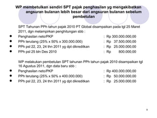 WP membetulkan sendiri SPT pajak penghasilan yg mengakibatkan
angsuran bulanan lebih besar dari angsuran bulanan sebelum
pembetulan






SPT Tahunan PPh tahun pajak 2010 PT Global disampaikan pada tgl 25 Maret
2011, dgn melampirkan penghitungan sbb :
Penghasilan neto/PKP
: Rp 300.000.000,00
PPh terutang (25% x 50% x 300.000.000)
: Rp 37.500.000,00
PPh psl 22, 23, 24 thn 2011 yg dpt dikreditkan
: Rp 25.000.000,00
PPh psl 25 bln Des 2010
: Rp
800.000,00





WP melakukan pembetulan SPT tahunan PPh tahun pajak 2010 disampaikan tgl
16 Agustus 2011, dgn data baru sbb :
Penghasilan neto/PKP
: Rp 400.000.000,00
PPh terutang (25% x 50% x 400.000.000)
: Rp 50.000.000,00
PPh psl 22, 23, 24 thn 2011 yg dpt dikreditkan
: Rp 25.000.000,00

9

 