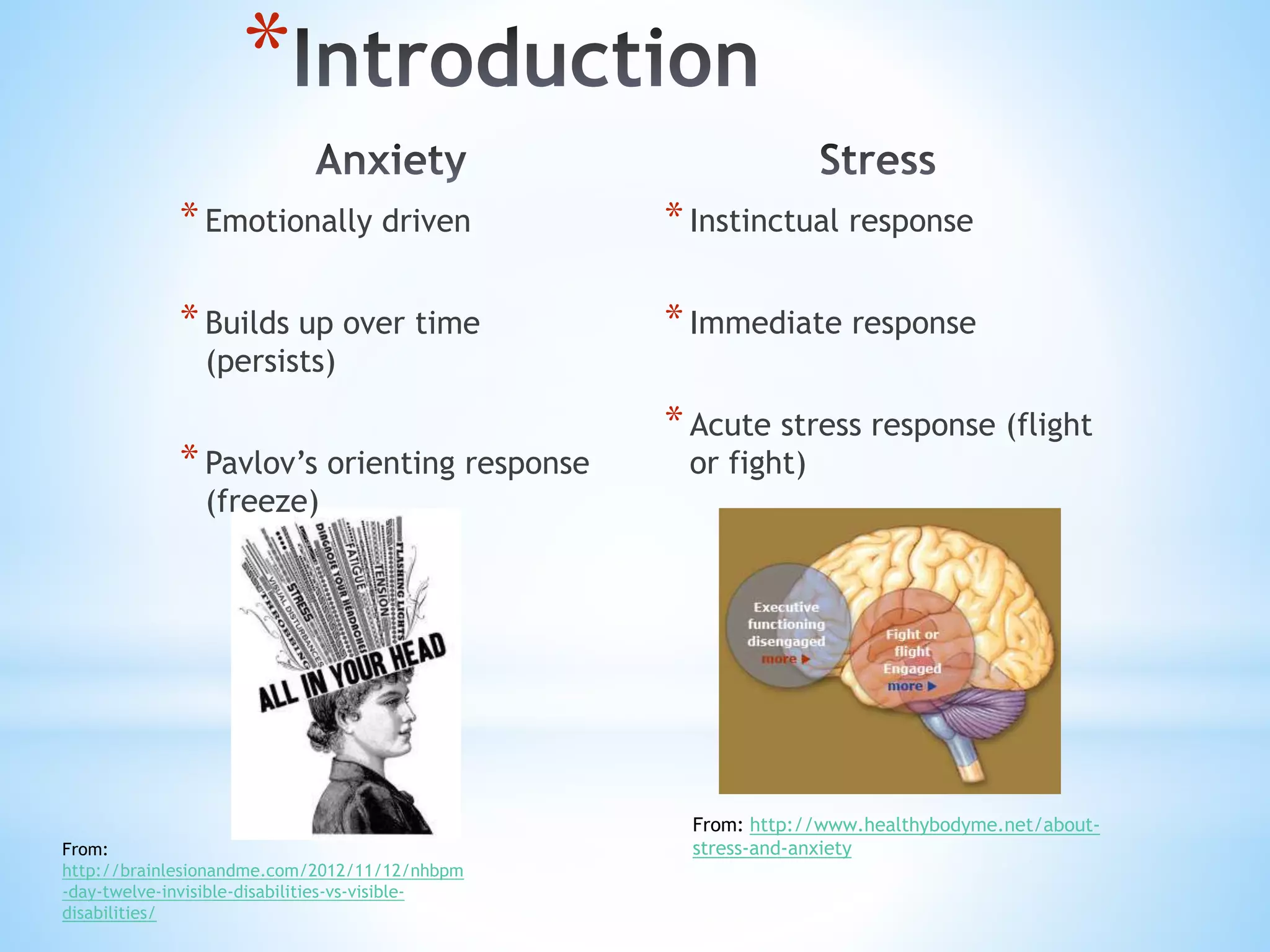 *Emotionally driven
*Builds up over time
(persists)
*Pavlov’s orienting response
(freeze)
*Instinctual response
*Immediate response
*Acute stress response (flight
or fight)
*
From: http://www.healthybodyme.net/about-
stress-and-anxietyFrom:
http://brainlesionandme.com/2012/11/12/nhbpm
-day-twelve-invisible-disabilities-vs-visible-
disabilities/
 