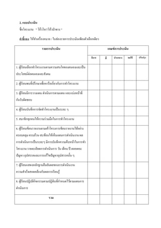 2. แบบประเมิน
ชื่อโครงงาน “ โอ๊วโห!!โอ้วป่ าซาง “
คาชี้แจง: ให้ทาเครื่ องหมาย / ในช่องรายการประเมินเพียงตัวเลือกเดียว
รายการประเมิน

เกณฑ์ การประเมิน
ดีมาก

1. ผูเ้ รี ยนเลือกทาโครงงานตามความสนใจของตนเองและเป็ น
ประโยชน์ต่อตนเองและสังคม
2. ผูเ้ รี ยนพบที่ปรึ กษาเพื่อหารื อเกี่ยวกับการทาโครงงาน
3. ผูเ้ รี ยนมีการวางแผน ดาเนินการตามแผน และแบ่งหน้าที่
กันรับผิดชอบ
4. ผูเ้ รี ยนบันทึกการจัดทาโครงงานเป็ นระยะ ๆ
5. สมาชิกทุกคนให้ความร่ วมมือในการทาโครงงาน
6. ผูเ้ รี ยนเขียนรายงานตามเค้าโครงการเขียนรายงานได้อย่าง
ครอบคลุม ครบถ้วน สะท้อนให้เห็นแผนการดาเนินงาน ผล
การดาเนินการเป็ นระยะๆ มีการบันทึกความคืบหน้าในการทา
โครงงาน รายละเอียดการดาเนินการ วัน เดือน ปี ตลอดจน
ปั ญหา อุปสรรคและการแก้ไขปั ญหาอุปสรรคนั้น ๆ
7. ผูเ้ รี ยนแสดงหลักฐานยืนยันผลของการดาเนินงาน
ความสาเร็ จสอดคล้องกับผลการเรี ยนรู ้
8. ผูเ้ รี ยนปฏิบติกิจกรรมตามปฏิทินที่กาหนดไว้ตามแผนการ
ั
ดาเนินการ
รวม

ดี

ปานกลาง

พอใช้

ปรับปรุง

 