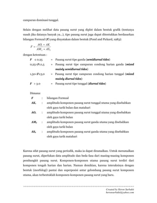 campuran dominasi tunggal.


Selain dengan melihat data pasang surut yang diplot dalam bentuk grafik (tentunya
susah jika datanya banyak ya...), tipe pasang surut juga dapat ditentukkan berdasarkan
bilangan Formzal (F) yang dinyatakan dalam bentuk (Pond and Pickard, 1983):
            AO1 + AK
     F=
            AM 2 + AS 2
dengan ketentuan :
     F ≤ 0.25             = Pasang surut tipe ganda (semidiurnal tides)
     0,25<F≤1,5           = Pasang surut tipe campuran condong harian ganda (mixed
                             mainly semidiurnal tides)
     1,50<F≤3,0           = Pasang surut tipe campuran condong harian tunggal (mixed
                             mainly diurnal tides)
     F > 3.0              = Pasang surut tipe tunggal (diurnal tides)


     Dimana:
      F         :   bilangan Formzal
      AK1       :   amplitudo komponen pasang surut tunggal utama yang disebabkan
                    oleh gaya tarik bulan dan matahari
      AO1       :   amplitudo komponen pasang surut tunggal utama yang disebabkan
                    oleh gaya tarik bulan
      AM2       :   amplitudo komponen pasang surut ganda utama yang disebabkan
                    oleh gaya tarik bulan
      AS2       :   amplitudo komponen pasang surut ganda utama yang disebabkan
                    oleh gaya tarik matahari




Karena sifat pasang surut yang periodik, maka ia dapat diramalkan. Untuk meramalkan
pasang surut, diperlukan data amplitudo dan beda fasa dari masing-masing komponen
pembangkit pasang surut. Komponen-komponen utama pasang surut terdiri dari
komponen tengah harian dan harian. Namun demikian, karena interaksinya dengan
bentuk (morfologi) pantai dan superposisi antar gelombang pasang surut komponen
utama, akan terbentuklah komponen-komponen pasang surut yang baru.



================================================================
                                                Created by Heron Surbakti
                                                heronsurbakti@yahoo.com
 