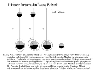 Pasang Purnama (vive eau, spring tides) dan Pasang Purbani (morte eau, neap tide) Gaya pasang
surut akan maksimum bila resultante gaya gravitasi Bumi, Bulan dan Matahari terletak pada suatu
garis lurus. Keadaan ini berlangsung pada saat bulan purnama atau bulan baru. Naiknya permukaan air
laut pada saat ini disebut "pasang purnama". Gaya pasang surut akan minimum apabila gaya gravitasi
Bulan dan Matahari saling meniadakan, ini terjadi pada saat Bulan-Bumi-Matahari membentuk sudut
900
Posisi ini disebut Bulan kuartir, terjadi pada saat Bulan berumur sekitar 7 hari dan 21 hari.
Naiknya permukaan air laut merupakan tinggi yang minimum. Peristiwa ini disebut "pasang purbani"
Arah Matahari
(a) (b) (c)
1. Pasang Purnama dan Pasang Purbani
 