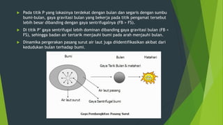  Pada titik P yang lokasinya terdekat dengan bulan dan segaris dengan sumbu
bumi-bulan, gaya gravitasi bulan yang bekerja pada titik pengamat tersebut
lebih besar dibanding dengan gaya sentrifugalnya (FB > FS).
 Di titik P’ gaya sentrifugal lebih dominan dibanding gaya gravitasi bulan (FB <
FS), sehingga badan air tertarik menjauhi bumi pada arah menjauhi bulan.
 Dinamika pergerakan pasang surut air laut juga diidentifikasikan akibat dari
kedudukan bulan terhadap bumi.
 