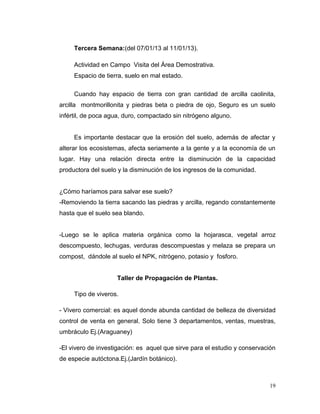 Tercera Semana:(del 07/01/13 al 11/01/13).

     Actividad en Campo Visita del Área Demostrativa.
     Espacio de tierra, suelo en mal estado.

     Cuando hay espacio de tierra con gran cantidad de arcilla caolinita,
arcilla montmorillonita y piedras beta o piedra de ojo, Seguro es un suelo
infértil, de poca agua, duro, compactado sin nitrógeno alguno.


     Es importante destacar que la erosión del suelo, además de afectar y
alterar los ecosistemas, afecta seriamente a la gente y a la economía de un
lugar. Hay una relación directa entre la disminución de la capacidad
productora del suelo y la disminución de los ingresos de la comunidad.


¿Cómo haríamos para salvar ese suelo?
-Removiendo la tierra sacando las piedras y arcilla, regando constantemente
hasta que el suelo sea blando.


-Luego se le aplica materia orgánica como la hojarasca, vegetal arroz
descompuesto, lechugas, verduras descompuestas y melaza se prepara un
compost, dándole al suelo el NPK, nitrógeno, potasio y fosforo.


                    Taller de Propagación de Plantas.

     Tipo de viveros.

- Vivero comercial: es aquel donde abunda cantidad de belleza de diversidad
control de venta en general. Solo tiene 3 departamentos, ventas, muestras,
umbráculo Ej.(Araguaney)

-El vivero de investigación: es aquel que sirve para el estudio y conservación
de especie autóctona.Ej.(Jardín botánico).



                                                                           19
 