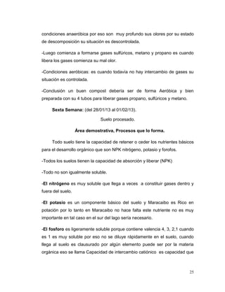 condiciones anaeróbica por eso son muy profundo sus olores por su estado
de descomposición su situación es descontrolada.

-Luego comienza a formarse gases sulfúricos, metano y propano es cuando
libera los gases comienza su mal olor.

-Condiciones aeróbicas: es cuando todavía no hay intercambio de gases su
situación es controlada.

-Conclusión un buen compost debería ser de forma Aeróbica y bien
preparada con su 4 tubos para liberar gases propano, sulfúricos y metano.

     Sexta Semana: (del 28/01/13 al 01/02/13).

                              Suelo procesado.

                   Área demostrativa, Procesos que lo forma.

     Todo suelo tiene la capacidad de retener o ceder los nutrientes básicos
para el desarrollo orgánico que son NPK nitrógeno, potasio y forofos.

-Todos los suelos tienen la capacidad de absorción y liberar (NPK)

-Todo no son igualmente soluble.

-El nitrógeno es muy soluble que llega a veces a constituir gases dentro y
fuera del suelo.

-El potasio es un componente básico del suelo y Maracaibo es Rico en
potación por lo tanto en Maracaibo no hace falta este nutriente no es muy
importante en tal caso en el sur del lago sería necesario.

-El fosforo es ligeramente soluble porque contiene valencia 4, 3, 2,1 cuando
es 1 es muy soluble por eso no se diluye rápidamente en el suelo, cuando
llega al suelo es clausurado por algún elemento puede ser por la materia
orgánica eso se llama Capacidad de intercambio catiónico es capacidad que



                                                                            25
 