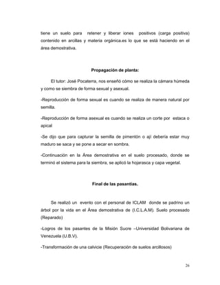 tiene un suelo para     retener y liberar iones      positivos (carga positiva)
contenido en arcillas y materia orgánica.es lo que se está haciendo en el
área demostrativa.




                          Propagación de planta:

     El tutor: José Pocaterra, nos enseñó cómo se realiza la cámara húmeda
y como se siembra de forma sexual y asexual.

-Reproducción de forma sexual es cuando se realiza de manera natural por
semilla.

-Reproducción de forma asexual es cuando se realiza un corte por estaca o
apical

-Se dijo que para capturar la semilla de pimentón o ají debería estar muy
maduro se saca y se pone a secar en sombra.

-Continuación en la Área demostrativa en el suelo procesado, donde se
terminó el sistema para la siembra, se aplicó la hojarasca y capa vegetal.



                           Final de las pasantías.



     Se realizó un evento con el personal de ICLAM donde se padrino un
árbol por la vida en el Área demostrativa de (I.C.L.A.M). Suelo procesado
(Reparado)

-Logros de los pasantes de la Misión Sucre –Universidad Bolivariana de
Venezuela (U.B.V).

-Transformación de una calvicie (Recuperación de suelos arcillosos)



                                                                             26
 