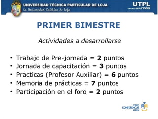 PRIMER BIMESTRE
           Actividades a desarrollarse

•   Trabajo de Pre-jornada = 2 puntos
•   Jornada de capacitación = 3 puntos
•   Practicas (Profesor Auxiliar) = 6 puntos
•   Memoria de prácticas = 7 puntos
•   Participación en el foro = 2 puntos
 