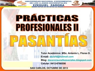 Tutor Académico: MSc. Antonio L. Flores D.
E-mail: aluisfd@hotmail.com
Blog: docenciaunellezsociales.blogspot.com
Celular: 0412-6766556
SAN CARLOS, OCTUBRE DE 2013
 