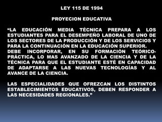 LEY 115 DE 1994
PROYECION EDUCATIVA
“LA EDUCACIÓN MEDIA TÉCNICA PREPARA A LOS
ESTUDIANTES PARA EL DESEMPEÑO LABORAL DE UNO DE
LOS SECTORES DE LA PRODUCCIÓN Y DE LOS SERVICIOS Y
PARA LA CONTINUACIÓN EN LA EDUCACIÓN SUPERIOR.
DEBE INCORPORAR, EN SU FORMACIÓN TEÓRICO-
PRÁCTICA, LO MAS AVANZADO DE LA CIENCIA Y DE LA
TÉCNICA PARA QUE EL ESTUDIANTE ESTÉ EN CAPACIDAD
DE ADAPTARSE A LAS NUEVAS TECNOLOGÍAS Y AL
AVANCE DE LA CIENCIA.
LAS ESPECIALIDADES QUE OFREZCAN LOS DISTINTOS
ESTABLECIMIENTOS EDUCATIVOS, DEBEN RESPONDER A
LAS NECESIDADES REGIONALES.”
 