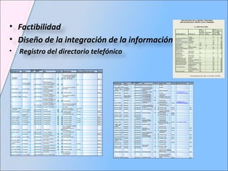 Factibilidad Diseño de la integración de la información Registro del directorio telefónico 