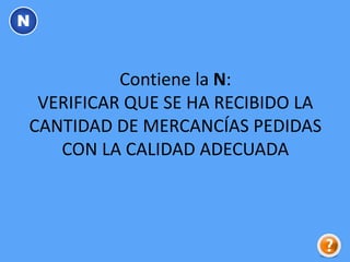 Contiene la N:
VERIFICAR QUE SE HA RECIBIDO LA
CANTIDAD DE MERCANCÍAS PEDIDAS
CON LA CALIDAD ADECUADA
N
 