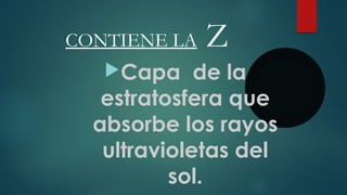 CONTIENE LA Z
Capa de la
estratosfera que
absorbe los rayos
ultravioletas del
sol.
 