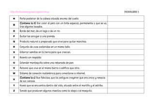 http://burbujadelenguaje.blogspot.com.es PASAPALABRA 1
N Parte posterior de la cabeza situada encima del cuello.
Ñ
(Contiene la ñ) Dar color al pelo con un tinte especial, permanente o que se va
tras algunos lavados.
O Borde del mar, de un lago o de un río.
P Quitar las arrugar a una prenda.
Q Producto natural o preparado que sirve para quitar manchas.
R Conjunto de uvas sostenidas en un mismo tallo.
S Enterrar semillas en la tierra para que crezcan.
T Asiento sin respaldo
U Extender mantequilla sobre una rebanada de pan.
V Persona que vive en el mismo barrio o edificio que otra.
W Sistema de conexión inalámbrica para conectarse a internet.
X
(Contiene la x) Ave fabulosa que los antiguos creyeron que era única y renacía
de sus cenizas.
Y Hueso que se encuentra dentro del oído, situado entre el martillo y el estribo.
Z Sonido que producen algunos insectos como la abeja o el mosquito.
 