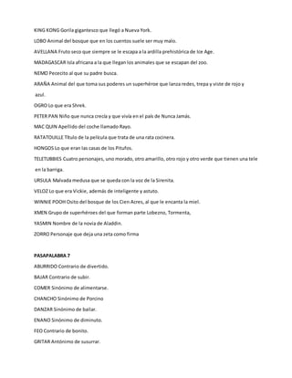 KING KONG Gorila gigantesco que llegó a Nueva York.
LOBO Animal del bosque que en los cuentos suele ser muy malo.
AVELLANA Fruto seco que siempre se le escapa a la ardilla prehistórica de Ice Age.
MADAGASCAR Isla africana a la que llegan los animales que se escapan del zoo.
NEMO Pececito al que su padre busca.
ARAÑA Animal del que toma sus poderes un superhéroe que lanza redes, trepa y viste de rojo y
azul.
OGRO Lo que era Shrek.
PETER PAN Niño que nunca crecía y que vivía en el país de Nunca Jamás.
MAC QUIN Apellido del coche llamado Rayo.
RATATOUILLE Título de la película que trata de una rata cocinera.
HONGOS Lo que eran las casas de los Pitufos.
TELETUBBIES Cuatro personajes, uno morado, otro amarillo, otro rojo y otro verde que tienen una tele
en la barriga.
URSULA Malvada medusa que se queda con la voz de la Sirenita.
VELOZ Lo que era Vickie, además de inteligente y astuto.
WINNIE POOH Osito del bosque de los Cien Acres, al que le encanta la miel.
XMEN Grupo de superhéroes del que forman parte Lobezno, Tormenta,
YASMIN Nombre de la novia de Aladdin.
ZORRO Personaje que deja una zeta como firma
PASAPALABRA 7
ABURRIDO Contrario de divertido.
BAJAR Contrario de subir.
COMER Sinónimo de alimentarse.
CHANCHO Sinónimo de Porcino
DANZAR Sinónimo de bailar.
ENANO Sinónimo de diminuto.
FEO Contrario de bonito.
GRITAR Antónimo de susurrar.
 