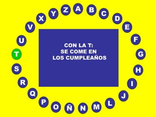 A
E
B
C
D
I
J
L
MNÑO
P
Q
R
S H
G
F
T
V
U
X
Y
Z
CON LA T:
SE COME EN
LOS CUMPLEAÑOS
 