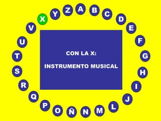 A
E
B
C
D
I
J
L
MNÑO
P
Q
R
S H
G
F
T
V
U
X
Y
Z
CON LA X:
INSTRUMENTO MUSICAL
 