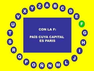A
E
B
C
D
I
J
L
MNÑO
P
Q
R
S H
G
F
T
V
U
X
Y
Z
CON LA F:
PAÍS CUYA CAPITAL
ES PARIS
 