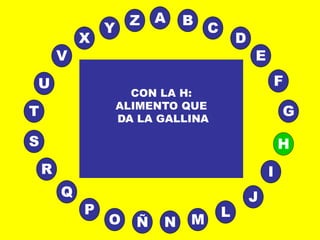A
E
B
C
D
I
J
L
MNÑO
P
Q
R
S H
G
F
T
V
U
X
Y
Z
CON LA H:
ALIMENTO QUE
DA LA GALLINA
 