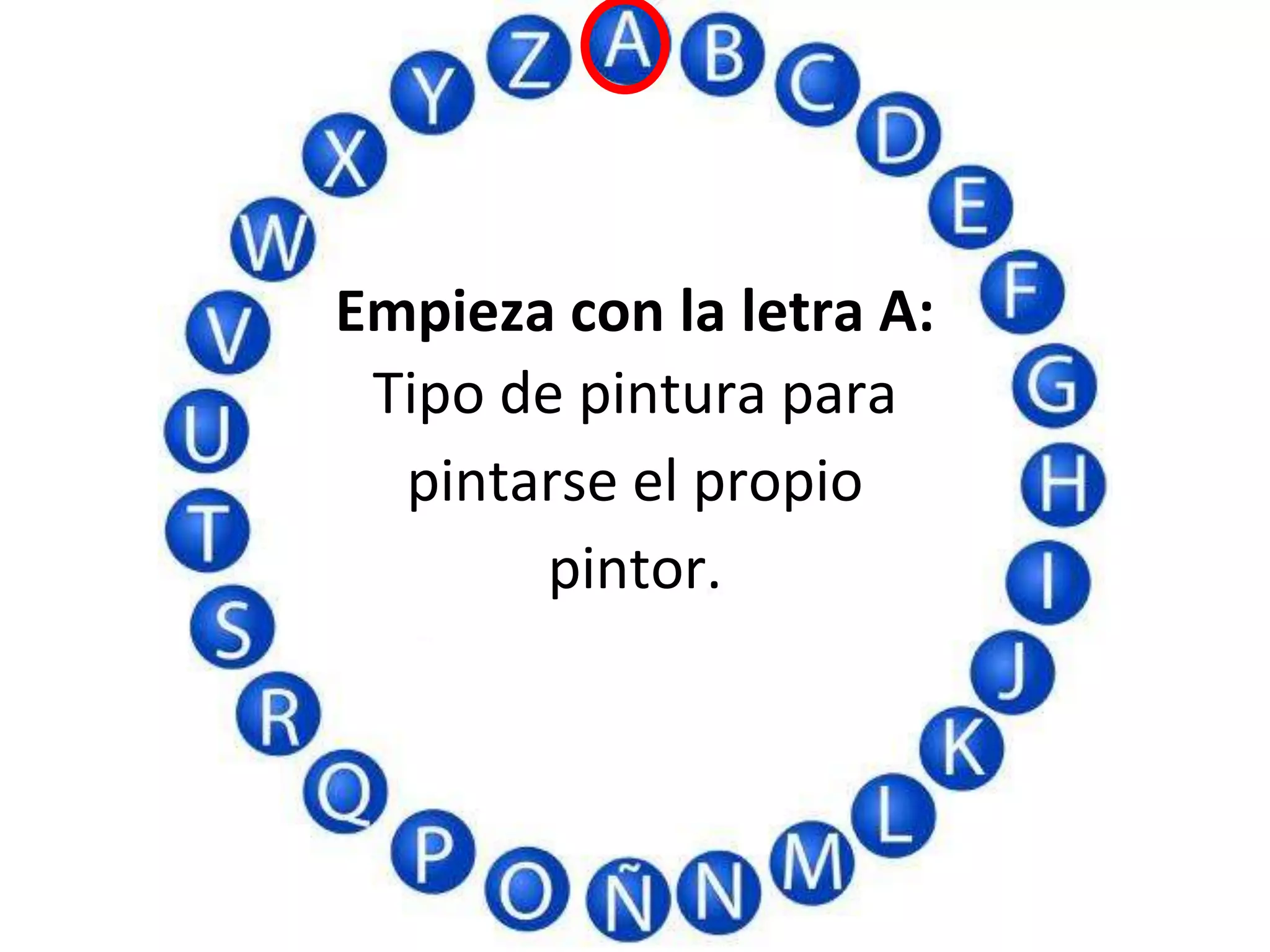 Empieza con la letra A:
Tipo de pintura para
pintarse el propio
pintor.
 