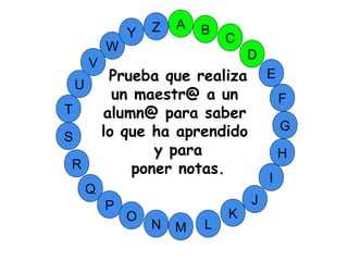 M
A
G
S
C
U
H
W
Y
I
F
D
B
L
K
J
T
R
Q
P
O
N
E
V
Z
Prueba que realiza
un maestr@ a un
alumn@ para saber
lo que ha aprendido
y para
poner notas.
 
