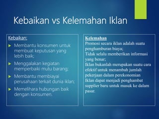 Kebaikan vs Kelemahan Iklan
Kebaikan:
 Membantu konsumen untuk
membuat keputusan yang
lebih baik;
 Menggalakan kegiatan
memperbaiki mutu barang;
 Membantu membiayai
perusahaan terkait dunia iklan;
 Memelihara hubungan baik
dengan konsumen.
Kelemahan
Promosi secara iklan adalah suatu
penghamburan biaya;
Tidak selalu memberikan informasi
yang benar;
Iklan bukanlah merupakan suatu cara
efektif untuk menambah jumlah
pekerjaan dalam perekonomian
Iklan dapat menjadi penghambat
supplier baru untuk masuk ke dalam
pasar.
 