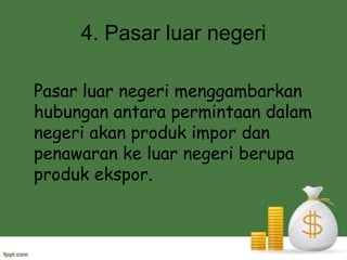 4. PasarluarnegeriPasar luarnegerimenggambarkanhubunganantarapermintaandalamnegeriakanproduk impor danpenawarankeluarnegeriberupaproduk ekspor.