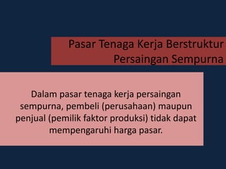 Pasar Tenaga Kerja Berstruktur
Persaingan Sempurna
Dalam pasar tenaga kerja persaingan
sempurna, pembeli (perusahaan) maupun
penjual (pemilik faktor produksi) tidak dapat
mempengaruhi harga pasar.
 
