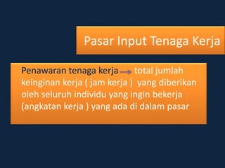 Pasar Input Tenaga Kerja
Penawaran tenaga kerja total jumlah
keinginan kerja ( jam kerja ) yang diberikan
oleh seluruh individu yang ingin bekerja
(angkatan kerja ) yang ada di dalam pasar
 