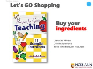Official (Closed) - Non Sensitive
4
Let’s GO Shopping
Buy your
ingredients
Literature Review
Content for course
Tools to find relevant resources
 
