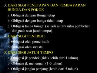 3. DARI SEGI PENETAPAN DAN PEMBAYARAN
   BUNGA DAN POKOK
   a. Obligasi dengan Bunga tetap
   b. Obligasi dengan bunga tidak tetap
   c. Obligasi tanpa bunga (selisih antara nilai pembelian
      dan pada saat jatuh tempo)
4. DARI SEGI PENERBIT
   a. Obligasi oleh pemerintah
   b. Obligasi oleh swasta
5. DARI SEGI JATUH TEMPO
   a. Obligasi jk pendek (tidak lebih dari 1 tahun)
   b. Obligasi jk menengah (1-5 tahun)
   c. Obligasi jangka panjang (lebih dari 5 tahun)
 