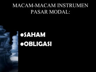 MACAM-MACAM INSTRUMEN
    PASAR MODAL:



  •SAHAM
  •OBLIGASI
 