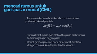Memasukan kedua nilai ini kedalam rumus varians
portofolio akan diperoleh:
var(RP)= wM
2 var(RM)
• varians keseluruhan portofolio ditunjukan oleh varians
tertimbangan dari bagian pasar.
• Bobot (timbangan) dari porsi pasar dapat diketahui
dengan memasukan deviasi standar varians.
mencarirumusuntuk
garispasarmodal(CML)
 