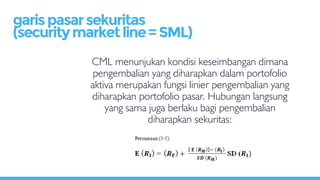 CML menunjukan kondisi keseimbangan dimana
pengembalian yang diharapkan dalam portofolio
aktiva merupakan fungsi linier pengembalian yang
diharapkan portofolio pasar. Hubungan langsung
yang sama juga berlaku bagi pengembalian
diharapkan sekuritas:
garispasarsekuritas
(securitymarketline=SML)
 