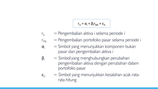 rit = Pengembalian aktiva i selama periode i
rMt = Pengembalian portofolio pasar selama periode i
αi = Simbol yang menunjukkan komponen bukan
pasar dari pengembalian aktiva i
βi = Simbol yang menghubungkan perubahan
pengembalian aktiva dengan perubahan dalam
portofolio pasar
εit = Simbol yang menunjukkan kesalahan acak rata-
rata hitung
rit = αi + βirMt + εit
 