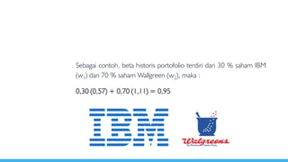 Sebagai contoh, beta historis portofolio terdiri dari 30 % saham IBM
(w1) dan 70 % saham Wallgreen (w2), maka :
0,30 (0,57) + 0,70 (1,11) = 0,95
 
