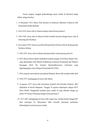 8
Secara singkat, tonggak perkembangan pasar modal di Indonesia dapat
dilihat sebagai berikut :
1. 14 Desember 1912: Bursa Efek pertama di Indonesia dibentuk di Batavia oleh
Pemerintah Hindia-Belanda.
2. 1914-1918: bursa efek di Jakarta ditutup selama Perang Dunia I
3. 1925-1942: bursa efek di Jakarta di buka kembali bersama dengan bursa efek di
Semarang dan Surabaya
4. Awal tahun 1939: karena isu politik (Perang Dunia II) bursa efek di Semarang dan
Surabaya ditutup
5. 1942-1952: bursa efek di Jakarta ditutup kembali selama perang dunia II
6. 1952: Bursa Efek di Jakarta diaktifkan kembali dengan UUD Pasar Modal 1952,
yang dikeluarkan oleh Menteri Kehakiman (Lukman Wiradinata) dan Menteri
Keuangan (Prof. Dr. Sumitro Djojohadikusumo). Instrumen yang
diperdagangkan yaitu Obligasi Pemerintah RI (1950)
7. 1956: program nasionalisasi perusahaan Belanda. Bursa efek semakin tidak aktif
8. 1956-1977: perdagangan di bursa efek fakum
9. 10 agustus 1977: bursa efek diresmikan kembali oleh Presiden Soeharto. BEJ
dijalankan di bawah Bapepam. Tanggal 10 agustus diperingati sebagai HUT
Pasar Modal. Pengaktifan kembali pasar modal ini juga ditandai dengan go
public PT Semen Cibonang sebagai emiten pertama 8
10. 1977-1987: perdagangan di bursa efek sangat lesu. Jumlah emiten hingga1987
baru mencapai 24. Masyarakat lebih memilih instrumen perbankan
dibandingkan instrumen pasar modal
 