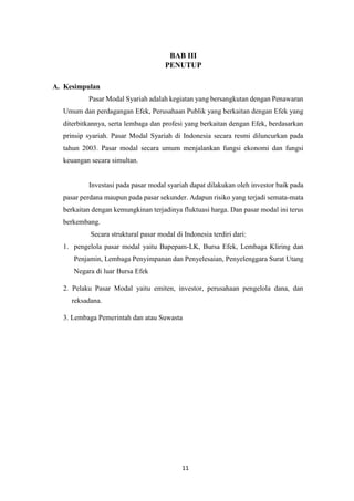 11
BAB III
PENUTUP
A. Kesimpulan
Pasar Modal Syariah adalah kegiatan yang bersangkutan dengan Penawaran
Umum dan perdagangan Efek, Perusahaan Publik yang berkaitan dengan Efek yang
diterbitkannya, serta lembaga dan profesi yang berkaitan dengan Efek, berdasarkan
prinsip syariah. Pasar Modal Syariah di Indonesia secara resmi diluncurkan pada
tahun 2003. Pasar modal secara umum menjalankan fungsi ekonomi dan fungsi
keuangan secara simultan.
Investasi pada pasar modal syariah dapat dilakukan oleh investor baik pada
pasar perdana maupun pada pasar sekunder. Adapun risiko yang terjadi semata-mata
berkaitan dengan kemungkinan terjadinya fluktuasi harga. Dan pasar modal ini terus
berkembang.
Secara struktural pasar modal di Indonesia terdiri dari:
1. pengelola pasar modal yaitu Bapepam-LK, Bursa Efek, Lembaga Kliring dan
Penjamin, Lembaga Penyimpanan dan Penyelesaian, Penyelenggara Surat Utang
Negara di luar Bursa Efek
2. Pelaku Pasar Modal yaitu emiten, investor, perusahaan pengelola dana, dan
reksadana.
3. Lembaga Pemerintah dan atau Suwasta
 