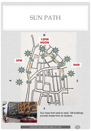 SUN PATH
KUEK SZE TING| 0328259 | FNBE JULY 2016
Sun rises from east to west. Tall buildings
provide shade from its shadow.
16
 