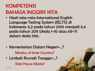 KOMPETENSI
BAHASA INGGRIS KITA
• Hasil rata-rata International English
Language Testing System (IELTS) di
Indonesia: 6,2 pada tahun 2010 menjadi 6,4
pada tahun 2011 (skala 1-9) atau 69-71
dalam skala 100.
• Kementerian Dalam Negeri=…?
Ministry of Inner Country?

• Limbah Rumah Tangga=…?
Stair House Waste?
1/8/2014

 