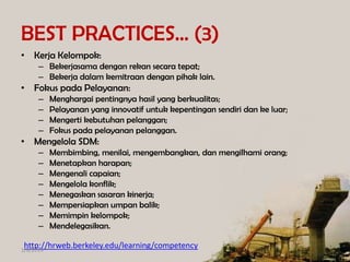 BEST PRACTICES… (3)
• Kerja Kelompok:
– Bekerjasama dengan rekan secara tepat;
– Bekerja dalam kemitraan dengan pihak lain.

• Fokus pada Pelayanan:
–
–
–
–

Menghargai pentingnya hasil yang berkualitas;
Pelayanan yang innovatif untuk kepentingan sendiri dan ke luar;
Mengerti kebutuhan pelanggan;
Fokus pada pelayanan pelanggan.

• Mengelola SDM:
–
–
–
–
–
–
–
–

Membimbing, menilai, mengembangkan, dan mengilhami orang;
Menetapkan harapan;
Mengenali capaian;
Mengelola konflik;
Menegaskan sasaran kinerja;
Mempersiapkan umpan balik;
Memimpin kelompok;
Mendelegasikan.

http://hrweb.berkeley.edu/learning/competency

1/8/2014

 