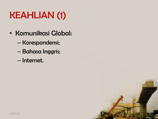 KEAHLIAN (1)
• Komunikasi Global:
– Korespondensi;
– Bahasa Inggris;
– Internet.

1/8/2014

 