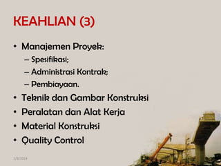KEAHLIAN (3)
• Manajemen Proyek:
– Spesifikasi;
– Administrasi Kontrak;
– Pembiayaan.

•
•
•
•

Teknik dan Gambar Konstruksi
Peralatan dan Alat Kerja
Material Konstruksi
Quality Control

1/8/2014

 