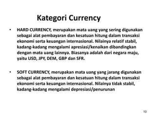 Kategori Currency
• HARD CURRENCY, merupakan mata uang yang sering digunakan
sebagai alat pembayaran dan kesatuan hitung dalam transaksi
ekonomi serta keuangan internasional. Nilainya relatif stabil,
kadang-kadang mengalami apresiasi/kenaikan dibandingkan
dengan mata uang lainnya. Biasanya adalah dari negara maju,
yaitu USD, JPY, DEM, GBP dan SFR.
• SOFT CURRENCY, merupakan mata uang yang jarang digunakan
sebagai alat pembayaran dan kesatuan hitung dalam transaksi
ekonomi serta keuangan internasional. Nilainya tidak stabil,
kadang-kadang mengalami depresiasi/penurunan
10
 