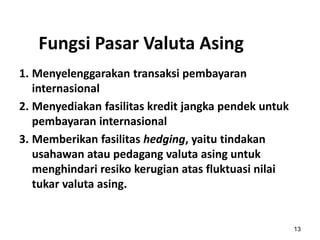 Fungsi Pasar Valuta Asing
1. Menyelenggarakan transaksi pembayaran
internasional
2. Menyediakan fasilitas kredit jangka pendek untuk
pembayaran internasional
3. Memberikan fasilitas hedging, yaitu tindakan
usahawan atau pedagang valuta asing untuk
menghindari resiko kerugian atas fluktuasi nilai
tukar valuta asing.
13
 