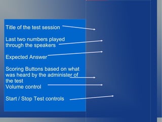 Title of the test session Last two numbers played through the speakers Expected Answer Scoring Buttons based on what was heard by the administer of the test Volume control Start / Stop Test controls 