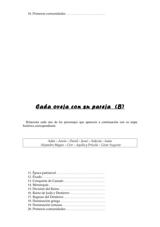 10. Primeras comunidades ………………………………………………




        Cada oveja con su pareja (B)

  Relaciona cada uno de los personajes que aparecen a continuación con su etapa
histórica correspondiente.



                 Adán – Aarón – David – Josué – Sedecías - Isaías
            Alejandro Magno – Ciro – Aquila y Priscila – César Augusto




   11. Época patriarcal ………………………………………………………….
   12. Éxodo …………………………………………………………………………...
   13. Conquista de Canaán ………………………………………………...
   14. Monarquía ………………………………………….………………………..
   15. División del Reino ……………………………….……………………..
   16. Reino de Judá y Destierro …………………………………………
   17. Regreso del Destierro …………………………………………………
   18. Dominación griega ………………………………….…………………..
   19. Dominación romana ……………………………….…………………..
   20. Primeras comunidades ………………………………………………
 