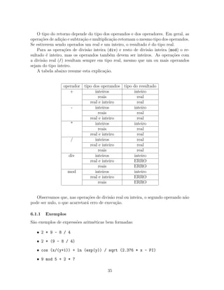 O tipo do retorno depende do tipo dos operandos e dos operadores. Em geral, as
opera¸c˜oes de adi¸c˜ao e subtra¸c˜ao e multiplica¸c˜ao retornam o mesmo tipo dos operandos.
Se estiverem sendo operados um real e um inteiro, o resultado ´e do tipo real.
Para as opera¸c˜oes de divis˜ao inteira (div) e resto de divis˜ao inteira (mod) o re-
sultado ´e inteiro, mas os operandos tamb´em devem ser inteiros. As opera¸c˜oes com
a divis˜ao real (/) resultam sempre em tipo real, mesmo que um ou mais operandos
sejam do tipo inteiro.
A tabela abaixo resume esta explica¸c˜ao.
operador tipo dos operandos tipo do resultado
+ inteiros inteiro
reais real
real e inteiro real
- inteiros inteiro
reais real
real e inteiro real
* inteiros inteiro
reais real
real e inteiro real
/ inteiros real
real e inteiro real
reais real
div inteiros inteiro
real e inteiro ERRO
reais ERRO
mod inteiros inteiro
real e inteiro ERRO
reais ERRO
Observamos que, nas opera¸c˜oes de divis˜ao real ou inteira, o segundo operando n˜ao
pode ser nulo, o que acarretar´a erro de execu¸c˜ao.
6.1.1 Exemplos
S˜ao exemplos de express˜oes aritm´eticas bem formadas:
• 2 * 9 - 8 / 4
• 2 * (9 - 8 / 4)
• cos (x/(y+1)) + ln (exp(y)) / sqrt (2.376 * x - PI)
• 9 mod 5 + 2 * 7
35
 