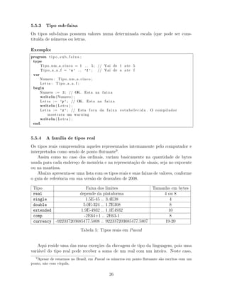5.5.3 Tipo sub-faixa
Os tipos sub-faixas possuem valores numa determinada escala (que pode ser cons-
titu´ıda de n´umeros ou letras.
Exemplo:
program t i p o s u b f a i x a ;
type
Tipo um a cinco = 1 . . 5; // Vai de 1 ate 5
Tipo a a f = ’a’ . . ’f’ ; // Vai de a ate f
var
Numero : Tipo um a cinco ;
Letra : Tipo a a f ;
begin
Numero := 3; // OK. Esta na faixa
writeln (Numero) ;
Letra := ’p’ ; // OK. Esta na faixa
writeln ( Letra ) ;
Letra := ’z’ ; // Esta fora da faixa e s t a b e l e c i d a . O compilador
mostrara um warning
writeln ( Letra ) ;
end .
5.5.4 A fam´ılia de tipos real
Os tipos reais compreendem aqueles representados internamente pelo computador e
interpretados como sendo de ponto ﬂutuante9
.
Assim como no caso dos ordinais, variam basicamente na quantidade de bytes
usada para cada endere¸co de mem´oria e na representa¸c˜ao de sinais, seja no expoente
ou na mantissa.
Abaixo apresenta-se uma lista com os tipos reais e suas faixas de valores, conforme
o guia de referˆencia em sua vers˜ao de dezembro de 2008.
Tipo Faixa dos limites Tamanho em bytes
real depende da plataforma 4 ou 8
single 1.5E-45 .. 3.4E38 4
double 5.0E-324 .. 1.7E308 8
extended 1.9E-4932 .. 1.1E4932 10
comp -2E64+1 .. 2E63-1 8
currency -922337203685477.5808 .. 922337203685477.5807 19-20
Tabela 5: Tipos reais em Pascal
Aqui reside uma das raras exce¸c˜oes da checagem de tipo da linguagem, pois uma
vari´avel do tipo real pode receber a soma de um real com um inteiro. Neste caso,
9
Apesar de estarmos no Brasil, em Pascal os n´umeros em ponto ﬂutuante s˜ao escritos com um
ponto, n˜ao com v´ırgula.
26
 