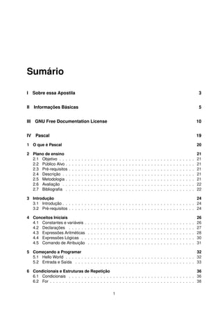 Sumário
I Sobre essa Apostila 3
II Informações Básicas 5
III GNU Free Documentation License 10
IV Pascal 19
1 O que é Pascal 20
2 Plano de ensino 21
2.1 Objetivo . . . . . . . . . . . . . . . . . . . . . . . . . . . . . . . . . . . . . . . . . . . 21
2.2 Público Alvo . . . . . . . . . . . . . . . . . . . . . . . . . . . . . . . . . . . . . . . . . 21
2.3 Pré-requisitos . . . . . . . . . . . . . . . . . . . . . . . . . . . . . . . . . . . . . . . . 21
2.4 Descrição . . . . . . . . . . . . . . . . . . . . . . . . . . . . . . . . . . . . . . . . . . 21
2.5 Metodologia . . . . . . . . . . . . . . . . . . . . . . . . . . . . . . . . . . . . . . . . . 21
2.6 Avaliação . . . . . . . . . . . . . . . . . . . . . . . . . . . . . . . . . . . . . . . . . . 22
2.7 Bibliograﬁa . . . . . . . . . . . . . . . . . . . . . . . . . . . . . . . . . . . . . . . . . 22
3 Introdução 24
3.1 Introdução . . . . . . . . . . . . . . . . . . . . . . . . . . . . . . . . . . . . . . . . . . 24
3.2 Pré-requisitos . . . . . . . . . . . . . . . . . . . . . . . . . . . . . . . . . . . . . . . . 24
4 Conceitos Iniciais 26
4.1 Constantes e variáveis . . . . . . . . . . . . . . . . . . . . . . . . . . . . . . . . . . . 26
4.2 Declarações . . . . . . . . . . . . . . . . . . . . . . . . . . . . . . . . . . . . . . . . 27
4.3 Expressões Aritméticas . . . . . . . . . . . . . . . . . . . . . . . . . . . . . . . . . . 28
4.4 Expressões Lógicas . . . . . . . . . . . . . . . . . . . . . . . . . . . . . . . . . . . . 30
4.5 Comando de Atribuição . . . . . . . . . . . . . . . . . . . . . . . . . . . . . . . . . . 31
5 Começando a Programar 32
5.1 Hello World . . . . . . . . . . . . . . . . . . . . . . . . . . . . . . . . . . . . . . . . . 32
5.2 Entrada e Saída . . . . . . . . . . . . . . . . . . . . . . . . . . . . . . . . . . . . . . 33
6 Condicionais e Estruturas de Repetição 36
6.1 Condicionais . . . . . . . . . . . . . . . . . . . . . . . . . . . . . . . . . . . . . . . . 36
6.2 For . . . . . . . . . . . . . . . . . . . . . . . . . . . . . . . . . . . . . . . . . . . . . . 38
1
 