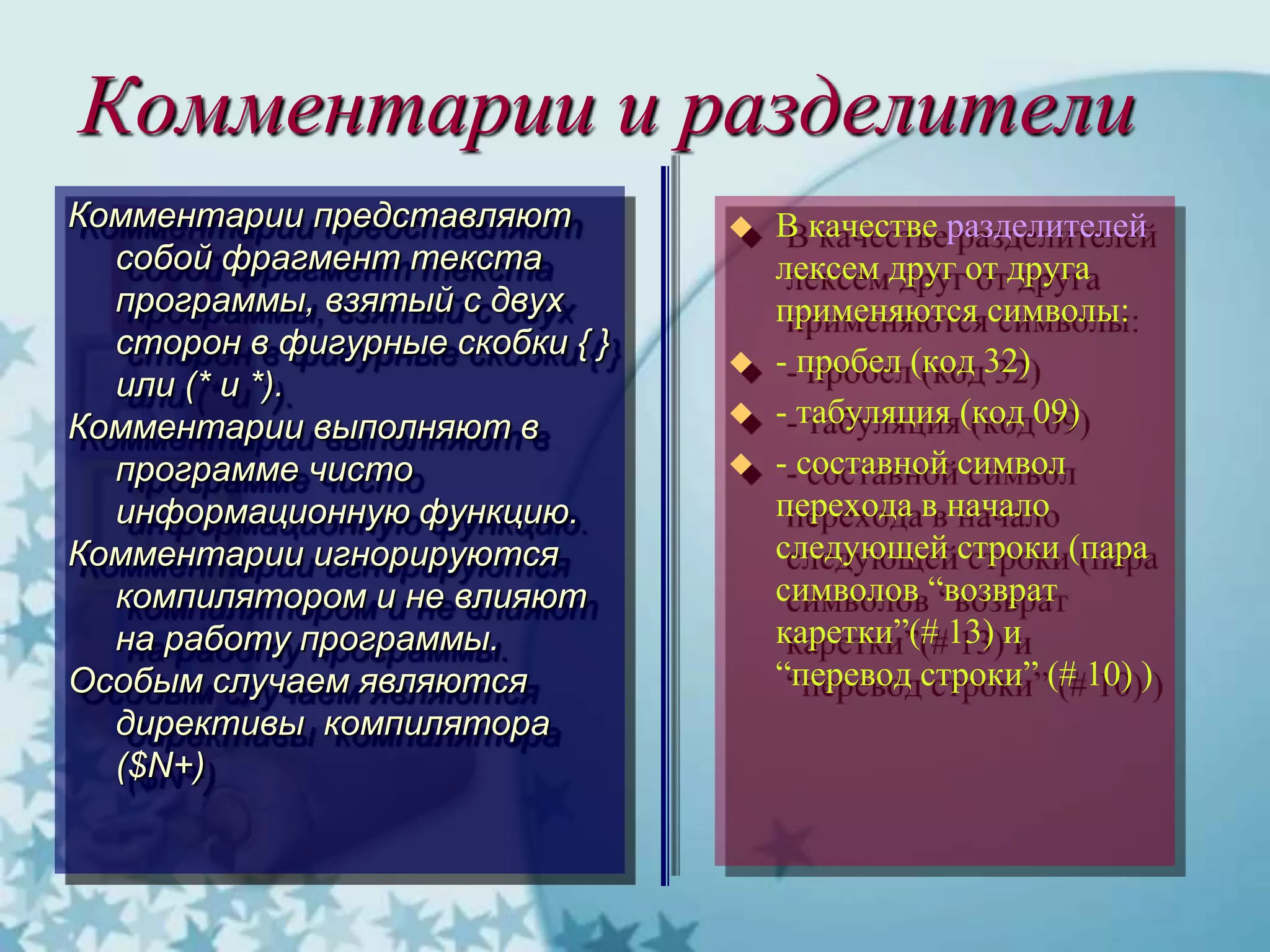 Комментарии и разделители
Комментарии представляют
собой фрагмент текста
программы, взятый с двух
сторон в фигурные скобки { }
или (* и *).
Комментарии выполняют в
программе чисто
информационную функцию.
Комментарии игнорируются
компилятором и не влияют
на работу программы.
Особым случаем являются
директивы компилятора
($N+)
 В качестве разделителей
лексем друг от друга
применяются символы:
 - пробел (код 32)
 - табуляция (код 09)
 - составной символ
перехода в начало
следующей строки (пара
символов “возврат
каретки”(# 13) и
“перевод строки” (# 10) )
 